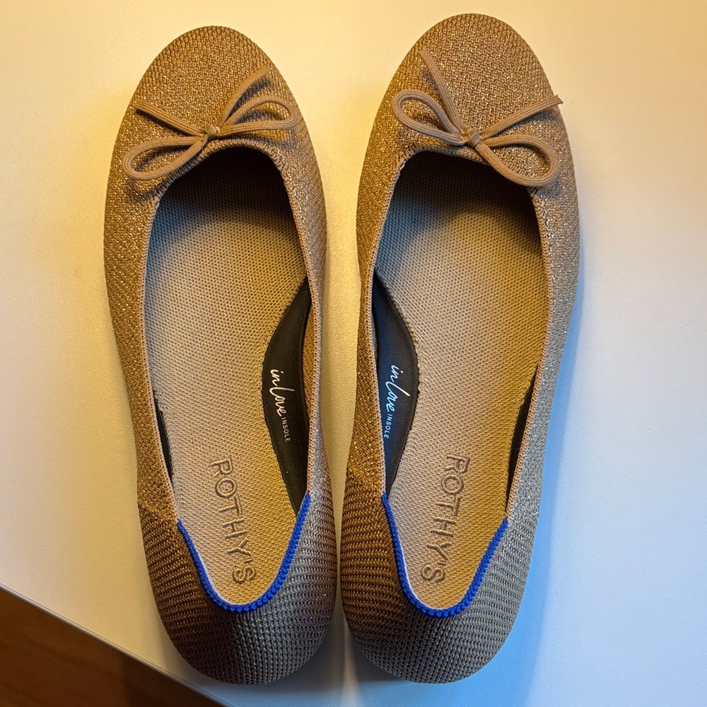 Rothy's Tan Knit Ballet Flats with Blue Trim